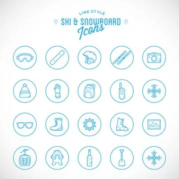 Line Style Vector Ski Resort Vacation Icon Set Stock Illustration