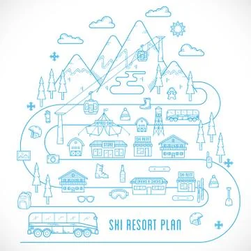 Line Style Vector Ski Resort Vacation Illustration Stock Illustration