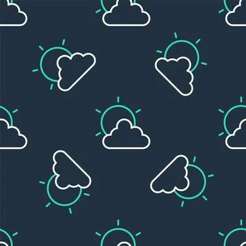 Line Sun and cloud weather icon isolated seamless pattern on black background Stock Illustration