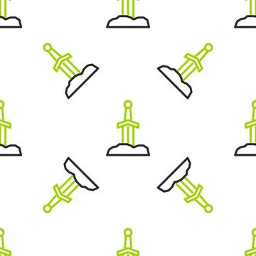 Line Sword in the stone icon isolated seamless pattern on white background Stock Illustration