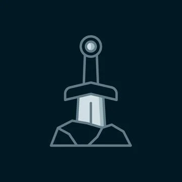 Line Sword in the stone icon isolated on black background. Excalibur the sw.. Stock Illustration