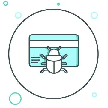 Line System bug in credit card icon isolated on white background. Code bug .. Stock Illustration