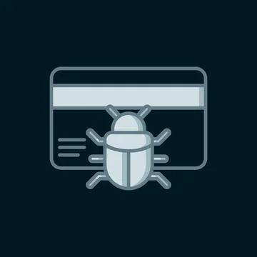 Line System bug in credit card icon isolated on black background. Code bug .. Illustrazione stock