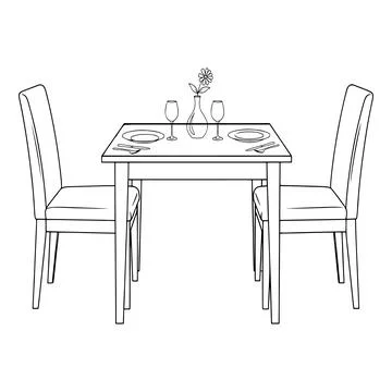 Line of a table set for two people with plates glasses and silverware chair. 스톡 일러스트