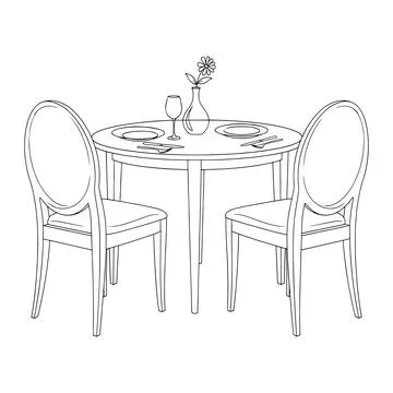 Line of a table set for two with plates glasses and silverware chairs 스톡 일러스트