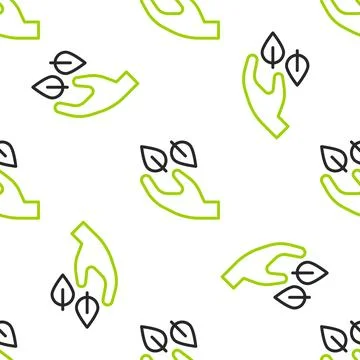 Line Tea leaf in hand icon isolated seamless pattern on white background. T.. Stock Illustration