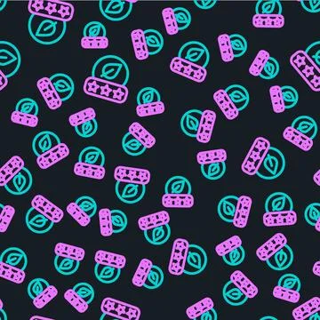 Line Tea leaf icon isolated seamless pattern on black background. Tea leave.. Illustrazione stock