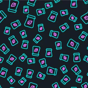 Line Tea packaging icon isolated seamless pattern on black background. Paper bag Stock Illustration