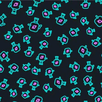 Line Teapot with leaf icon isolated seamless pattern on black background.  Ve Stock Illustration