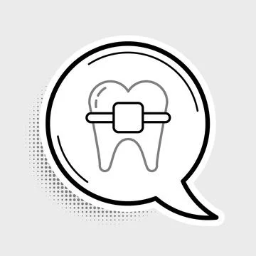 Line Teeth with braces icon isolated on grey background. Alignment of bite of Stock Illustration