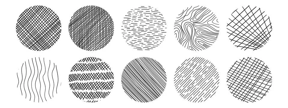 Line texture set with different hand drawn circle patterns. Vector scribble,  Stock Illustration