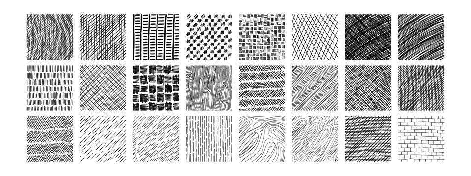 Line texture set with different hand drawn patterns. Crosshatch, wood, rain.. 스톡 일러스트