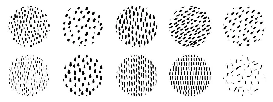 Line texture set with different hand drawn circle patterns. Small dash patter イラスト素材