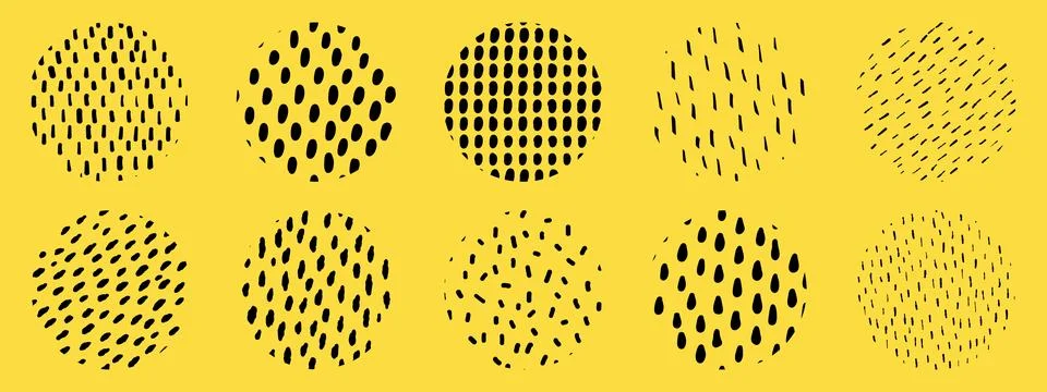 Line texture set with different hand drawn circle patterns. Small dash blac.. イラスト素材