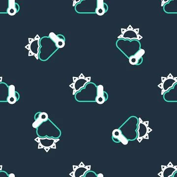Line Thermometer and cloud with sun icon isolated seamless pattern on black Stock Illustration
