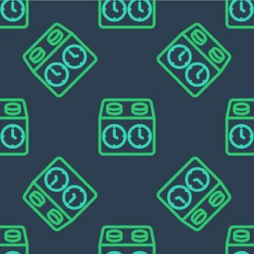 Line Time chess clock icon isolated seamless pattern on blue background. Spor Stock Illustration