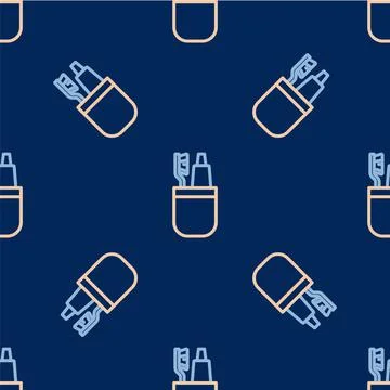 Line Toothbrush and tube of toothpaste icon isolated seamless pattern on blue Illustrazione stock