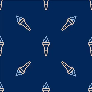 Line Torch flame icon isolated seamless pattern on blue background. Symbol fire Stockillustratie