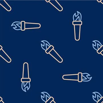Line Torch flame icon isolated seamless pattern on blue background. Symbol fire Illustrazione stock