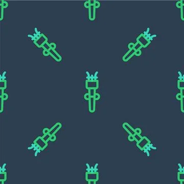 Line Torch flame icon isolated seamless pattern on blue background. Symbol .. Stock Illustration