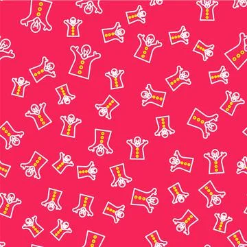 Line Toy puppet doll on hand icon isolated seamless pattern on red background Stock Illustration
