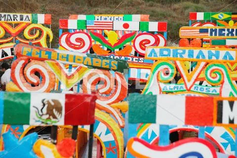 Line up of Trachinera Boats in Xochimilco Stock Photos