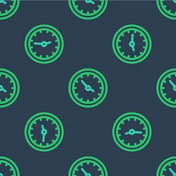 Line Train station clock icon isolated seamless pattern on blue background Stock Illustration