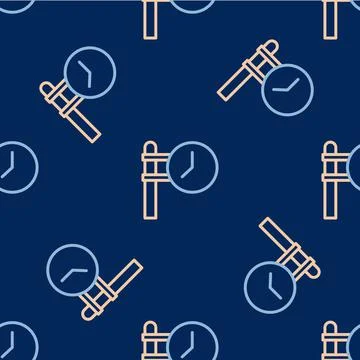 Line Train station clock icon isolated seamless pattern on blue background.   Stock Illustration