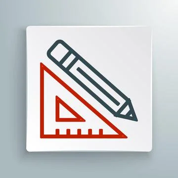 Line Triangular ruler and pencil icon isolated on white background. Straightedge Stock Illustration