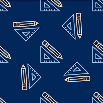 Line Triangular ruler and pencil icon isolated seamless pattern on blue Stock Illustration