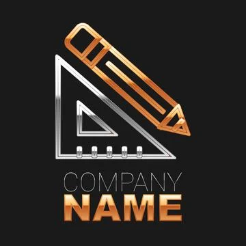 Line Triangular ruler and pencil icon isolated on black background. Straightedge Stock Illustration