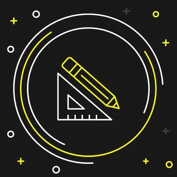 Line Triangular ruler and pencil icon isolated on black background. Straighte Ilustração Stock