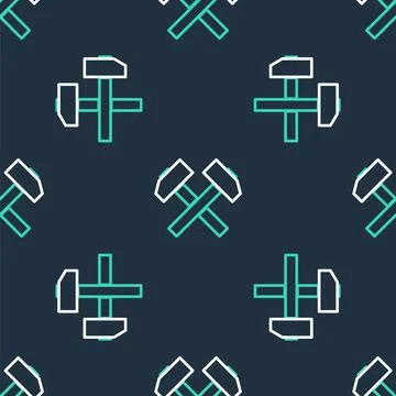 Line Two crossed hammers icon isolated seamless pattern on black background Stock Illustration