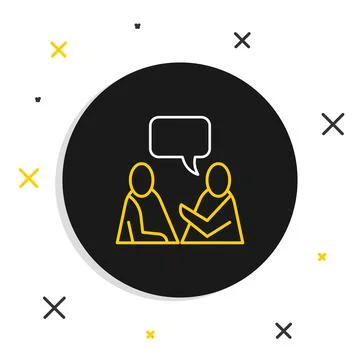 Line Two sitting men talking icon isolated on white background. Speech bubble Stock Illustration