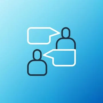 Line Two sitting men talking icon isolated on blue background. Speech bubbl.. Stock Illustration