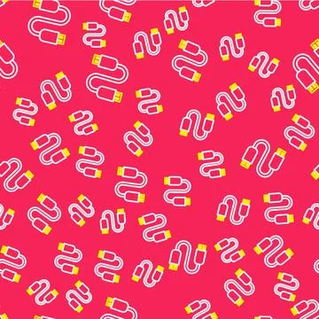Line USB cable cord icon isolated seamless pattern on red background. Connectors Stock Illustration