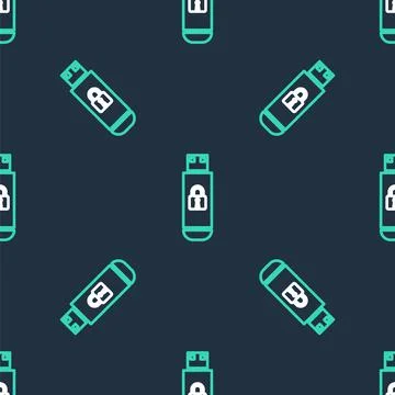 Line USB flash drive with closed padlock icon isolated seamless pattern on black Stock Illustration