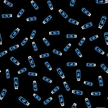 Line USB flash drive icon isolated seamless pattern on black background. Vector Stock Illustration