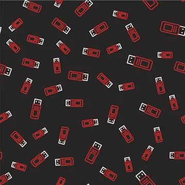 Line USB flash drive icon isolated seamless pattern on black background. Vector 스톡 일러스트