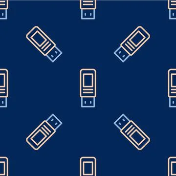 Line USB flash drive icon isolated seamless pattern on blue background. Vector Stock Illustration