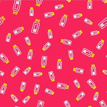 Line USB flash drive icon isolated seamless pattern on red background. Vector Stock Illustration