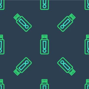 Line USB flash drive icon isolated seamless pattern on blue background.  Vect Stock Illustration