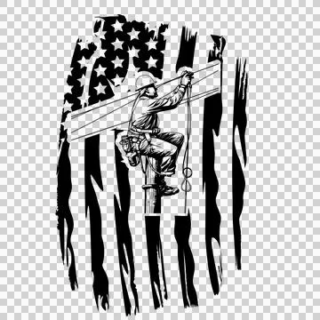 Line Utility Worker Silhouette Against American Flag working 库存插图