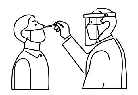 Line vector doctor testing a man patient with nasal swab Stock Illustration