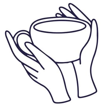 Line vector illustration of hands holding white tea cup. The fingers are de.. 스톡 일러스트