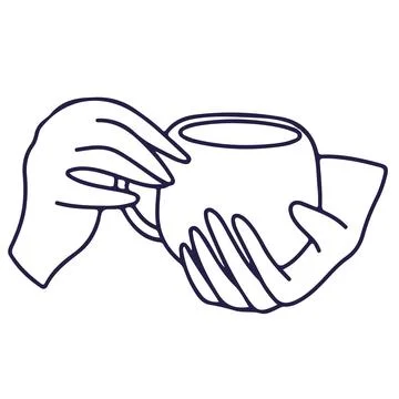 Line vector illustration of hands holding tea of coffee cup. The fingers of.. Stock Illustration