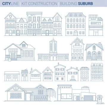 Line Vector Illustration Set. Buburb homes and shops Stock Illustration
