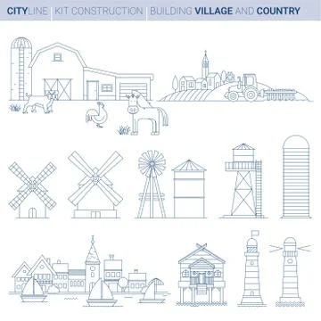 Line Vector Illustration Set. Farm, Sea and Lake elements Ilustración de archivo
