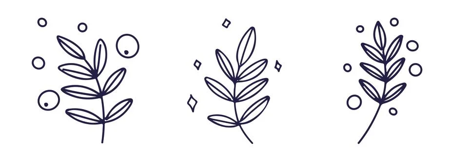 Line vector illustrations of fantasy leaf with bubbles and shine. Hand drawn Stock Illustration