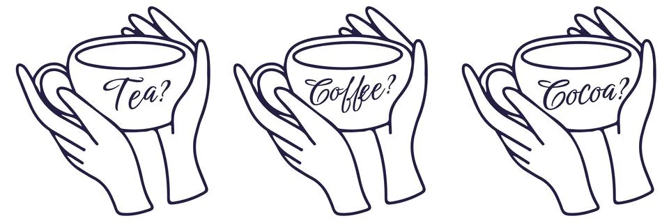 Line vector illustrations of hands holding white tea cup with drink names. .. Stock Illustration